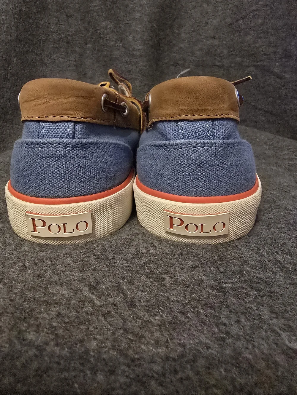 Polo by Ralph Lauren Blue Canvas and Brown Leather Trim Boat Shoes Size 10